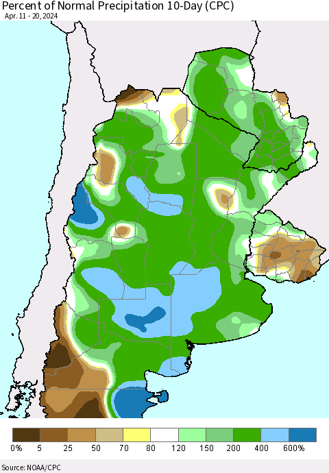 Southern South America Percent of Normal Precipitation 10-Day (CPC) Thematic Map For 4/11/2024 - 4/20/2024
