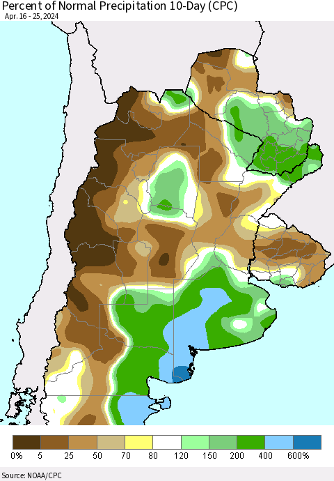 Southern South America Percent of Normal Precipitation 10-Day (CPC) Thematic Map For 4/16/2024 - 4/25/2024