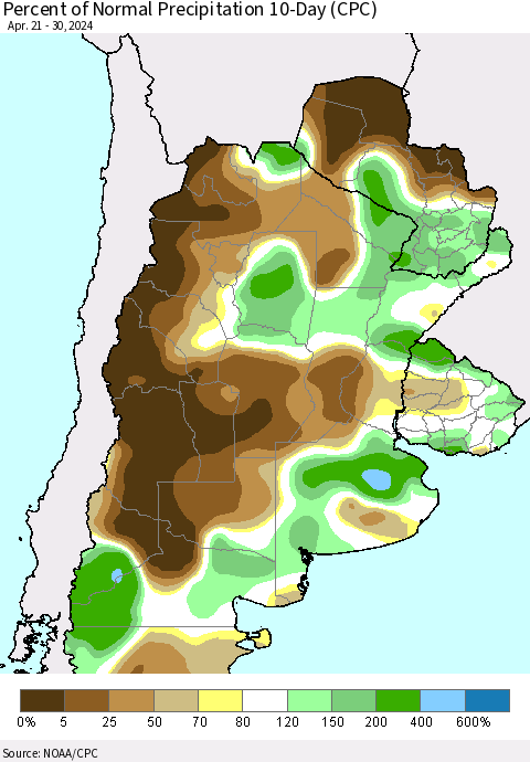 Southern South America Percent of Normal Precipitation 10-Day (CPC) Thematic Map For 4/21/2024 - 4/30/2024