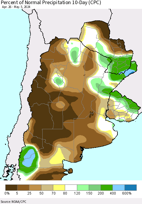 Southern South America Percent of Normal Precipitation 10-Day (CPC) Thematic Map For 4/26/2024 - 5/5/2024