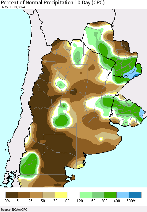 Southern South America Percent of Normal Precipitation 10-Day (CPC) Thematic Map For 5/1/2024 - 5/10/2024