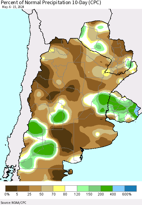 Southern South America Percent of Normal Precipitation 10-Day (CPC) Thematic Map For 5/6/2024 - 5/15/2024
