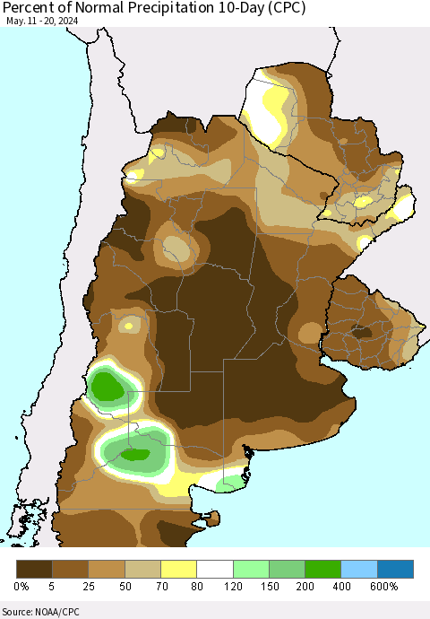 Southern South America Percent of Normal Precipitation 10-Day (CPC) Thematic Map For 5/11/2024 - 5/20/2024