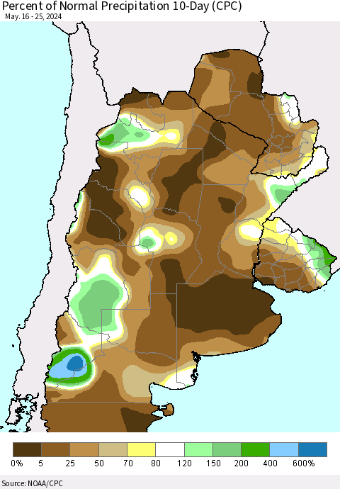 Southern South America Percent of Normal Precipitation 10-Day (CPC) Thematic Map For 5/16/2024 - 5/25/2024