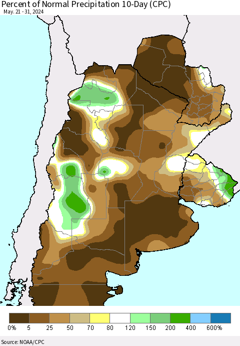 Southern South America Percent of Normal Precipitation 10-Day (CPC) Thematic Map For 5/21/2024 - 5/31/2024