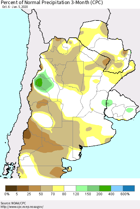 Southern South America Percent of Normal Precipitation 3-Month (CPC) Thematic Map For 10/6/2019 - 1/5/2020
