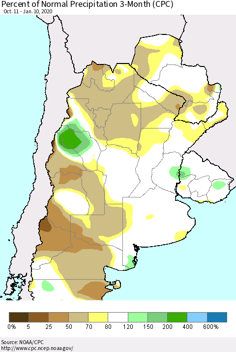 Southern South America Percent of Normal Precipitation 3-Month (CPC) Thematic Map For 10/11/2019 - 1/10/2020