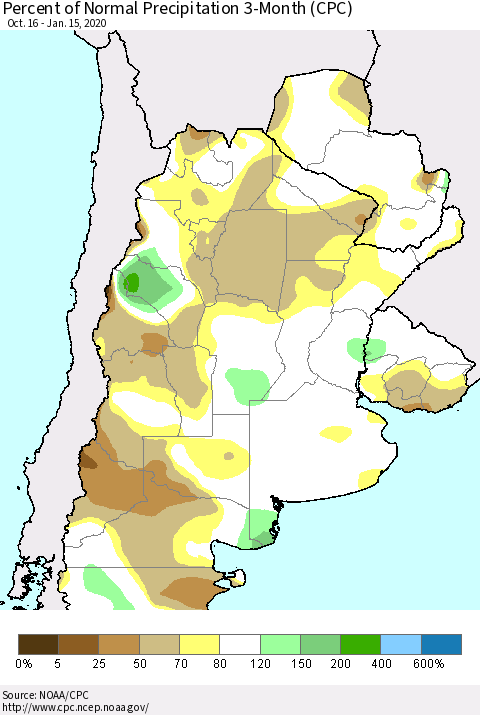 Southern South America Percent of Normal Precipitation 3-Month (CPC) Thematic Map For 10/16/2019 - 1/15/2020