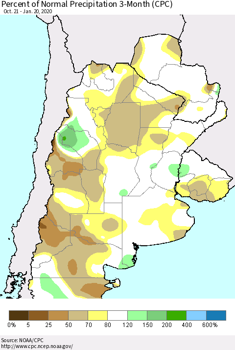 Southern South America Percent of Normal Precipitation 3-Month (CPC) Thematic Map For 10/21/2019 - 1/20/2020