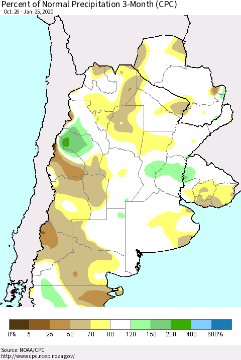Southern South America Percent of Normal Precipitation 3-Month (CPC) Thematic Map For 10/26/2019 - 1/25/2020