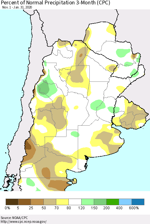 Southern South America Percent of Normal Precipitation 3-Month (CPC) Thematic Map For 11/1/2019 - 1/31/2020