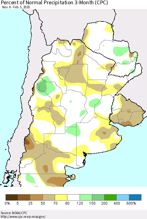 Southern South America Percent of Normal Precipitation 3-Month (CPC) Thematic Map For 11/6/2019 - 2/5/2020