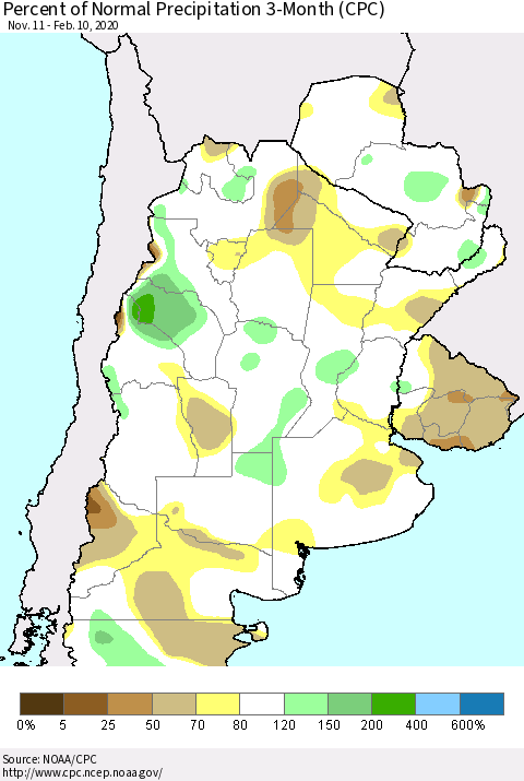 Southern South America Percent of Normal Precipitation 3-Month (CPC) Thematic Map For 11/11/2019 - 2/10/2020
