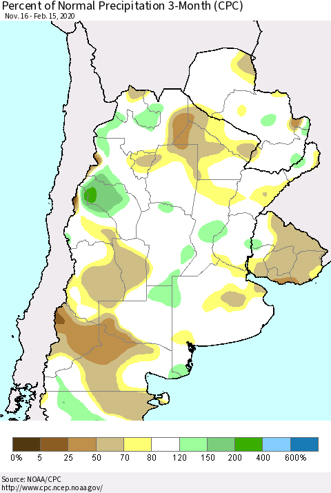 Southern South America Percent of Normal Precipitation 3-Month (CPC) Thematic Map For 11/16/2019 - 2/15/2020