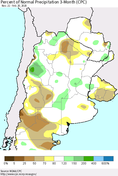 Southern South America Percent of Normal Precipitation 3-Month (CPC) Thematic Map For 11/21/2019 - 2/20/2020