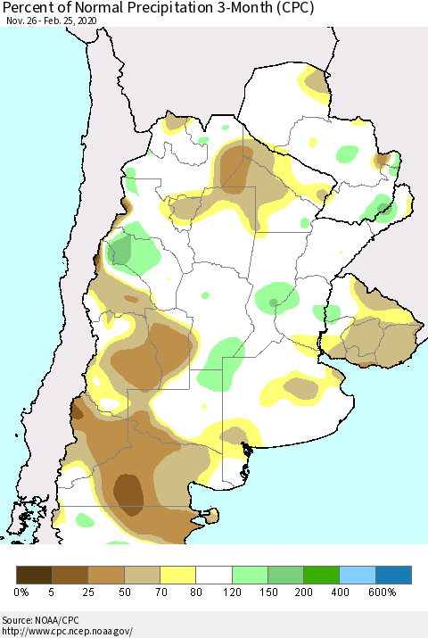 Southern South America Percent of Normal Precipitation 3-Month (CPC) Thematic Map For 11/26/2019 - 2/25/2020