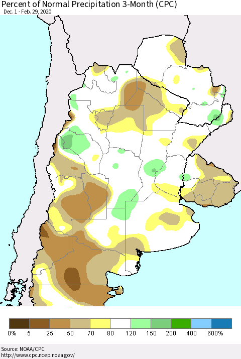 Southern South America Percent of Normal Precipitation 3-Month (CPC) Thematic Map For 12/1/2019 - 2/29/2020