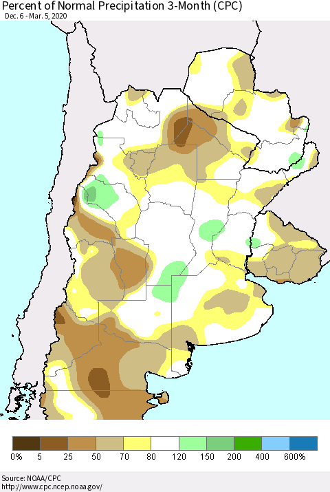 Southern South America Percent of Normal Precipitation 3-Month (CPC) Thematic Map For 12/6/2019 - 3/5/2020
