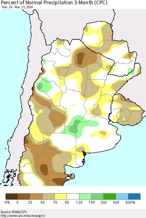 Southern South America Percent of Normal Precipitation 3-Month (CPC) Thematic Map For 12/16/2019 - 3/15/2020