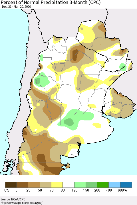 Southern South America Percent of Normal Precipitation 3-Month (CPC) Thematic Map For 12/21/2019 - 3/20/2020