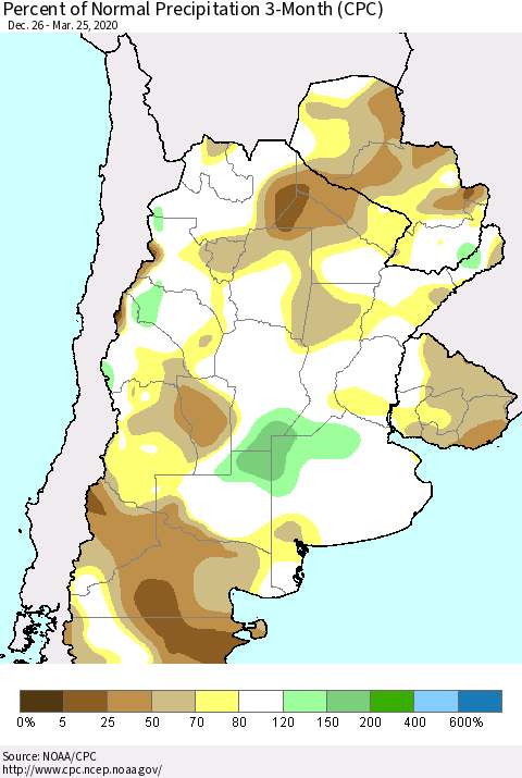 Southern South America Percent of Normal Precipitation 3-Month (CPC) Thematic Map For 12/26/2019 - 3/25/2020