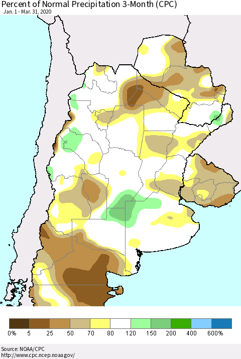 Southern South America Percent of Normal Precipitation 3-Month (CPC) Thematic Map For 1/1/2020 - 3/31/2020