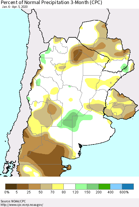 Southern South America Percent of Normal Precipitation 3-Month (CPC) Thematic Map For 1/6/2020 - 4/5/2020