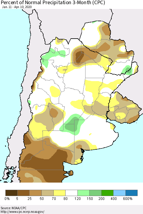 Southern South America Percent of Normal Precipitation 3-Month (CPC) Thematic Map For 1/11/2020 - 4/10/2020