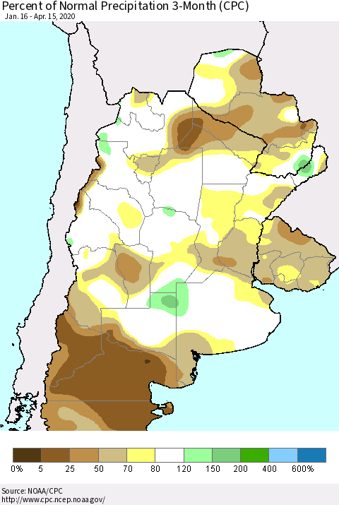 Southern South America Percent of Normal Precipitation 3-Month (CPC) Thematic Map For 1/16/2020 - 4/15/2020