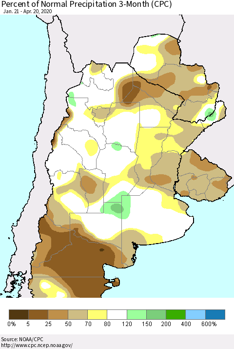 Southern South America Percent of Normal Precipitation 3-Month (CPC) Thematic Map For 1/21/2020 - 4/20/2020