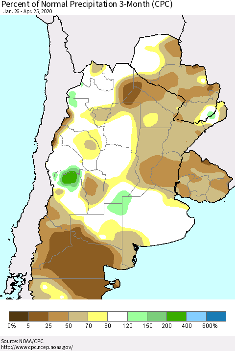 Southern South America Percent of Normal Precipitation 3-Month (CPC) Thematic Map For 1/26/2020 - 4/25/2020