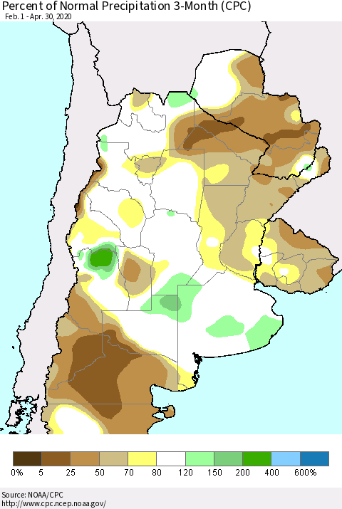 Southern South America Percent of Normal Precipitation 3-Month (CPC) Thematic Map For 2/1/2020 - 4/30/2020