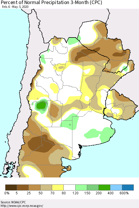 Southern South America Percent of Normal Precipitation 3-Month (CPC) Thematic Map For 2/6/2020 - 5/5/2020