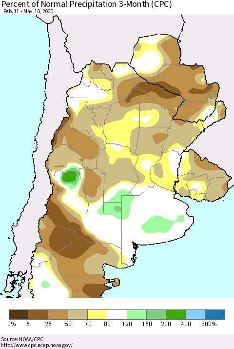 Southern South America Percent of Normal Precipitation 3-Month (CPC) Thematic Map For 2/11/2020 - 5/10/2020