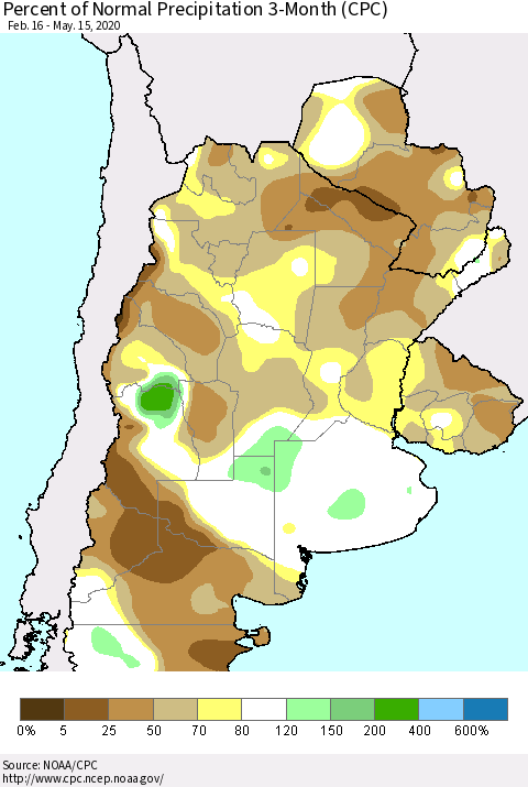 Southern South America Percent of Normal Precipitation 3-Month (CPC) Thematic Map For 2/16/2020 - 5/15/2020