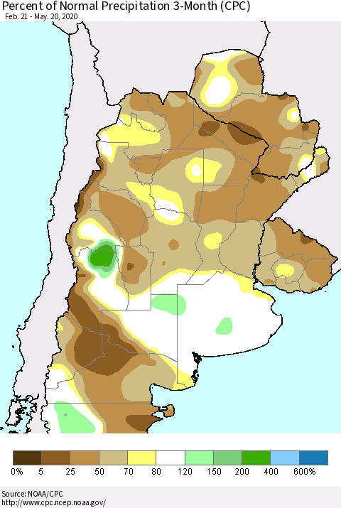 Southern South America Percent of Normal Precipitation 3-Month (CPC) Thematic Map For 2/21/2020 - 5/20/2020