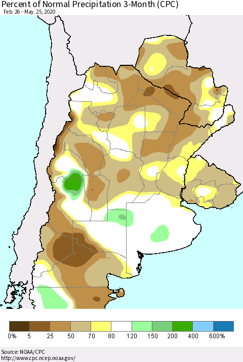 Southern South America Percent of Normal Precipitation 3-Month (CPC) Thematic Map For 2/26/2020 - 5/25/2020
