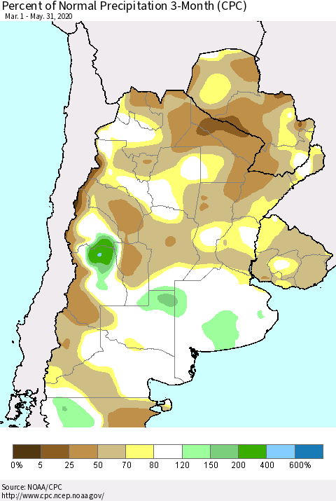 Southern South America Percent of Normal Precipitation 3-Month (CPC) Thematic Map For 3/1/2020 - 5/31/2020