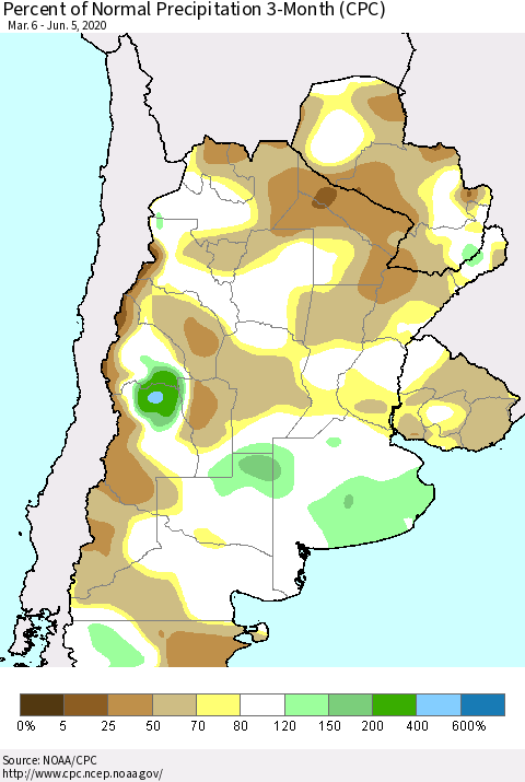 Southern South America Percent of Normal Precipitation 3-Month (CPC) Thematic Map For 3/6/2020 - 6/5/2020
