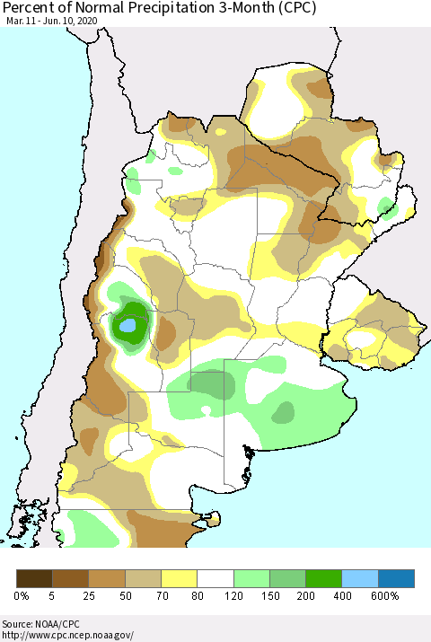 Southern South America Percent of Normal Precipitation 3-Month (CPC) Thematic Map For 3/11/2020 - 6/10/2020