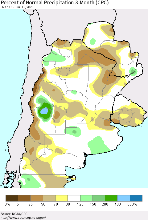 Southern South America Percent of Normal Precipitation 3-Month (CPC) Thematic Map For 3/16/2020 - 6/15/2020