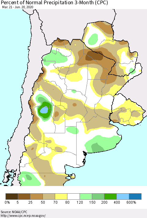 Southern South America Percent of Normal Precipitation 3-Month (CPC) Thematic Map For 3/21/2020 - 6/20/2020