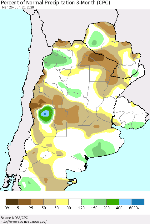 Southern South America Percent of Normal Precipitation 3-Month (CPC) Thematic Map For 3/26/2020 - 6/25/2020