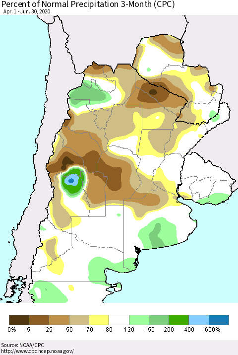 Southern South America Percent of Normal Precipitation 3-Month (CPC) Thematic Map For 4/1/2020 - 6/30/2020