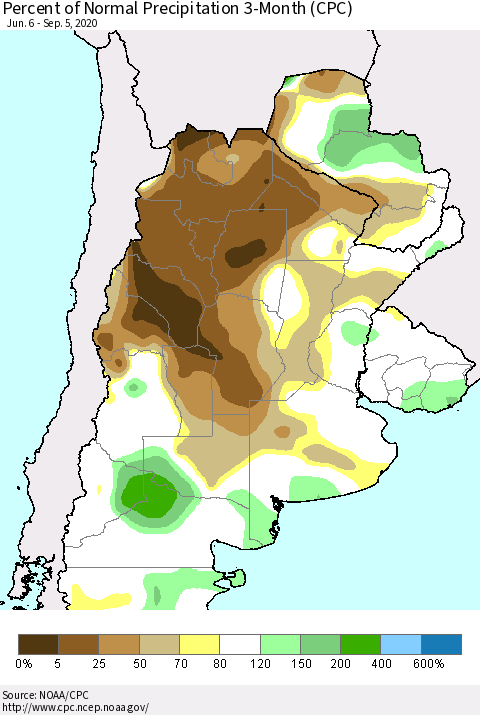 Southern South America Percent of Normal Precipitation 3-Month (CPC) Thematic Map For 6/6/2020 - 9/5/2020