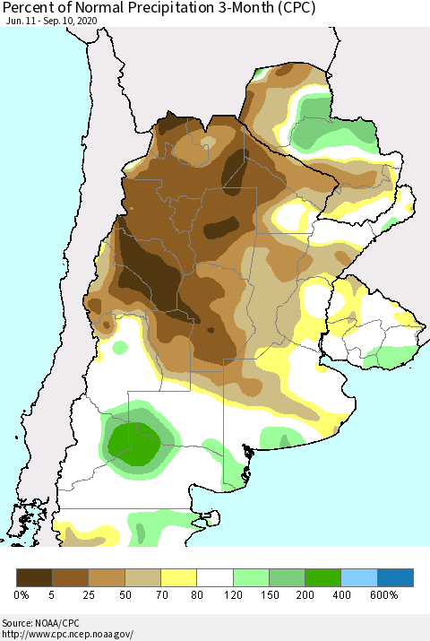 Southern South America Percent of Normal Precipitation 3-Month (CPC) Thematic Map For 6/11/2020 - 9/10/2020