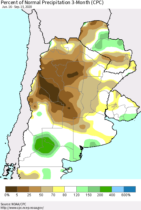 Southern South America Percent of Normal Precipitation 3-Month (CPC) Thematic Map For 6/16/2020 - 9/15/2020