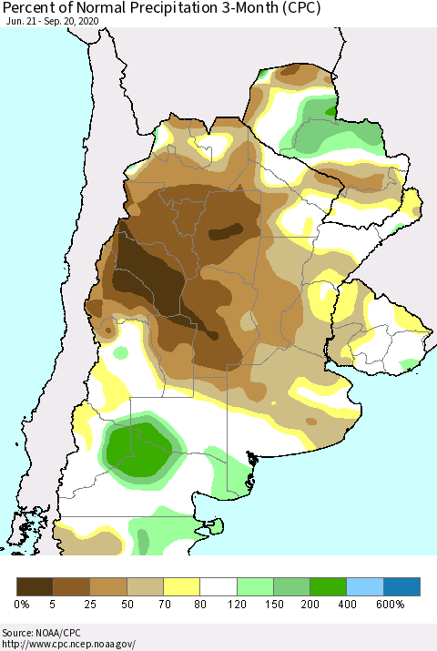 Southern South America Percent of Normal Precipitation 3-Month (CPC) Thematic Map For 6/21/2020 - 9/20/2020
