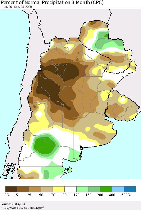 Southern South America Percent of Normal Precipitation 3-Month (CPC) Thematic Map For 6/26/2020 - 9/25/2020