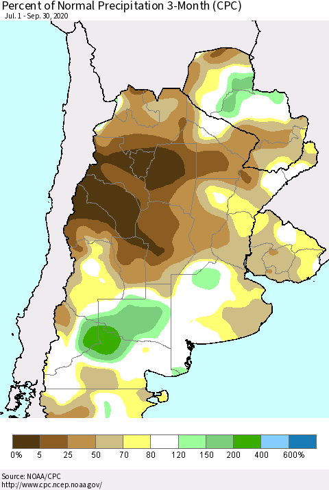 Southern South America Percent of Normal Precipitation 3-Month (CPC) Thematic Map For 7/1/2020 - 9/30/2020